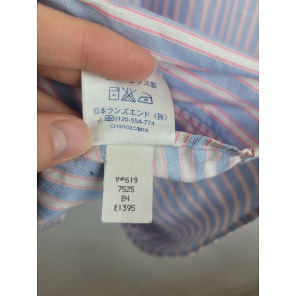 Lands End Mens Super Fine 2-Ply Yarn Striped Pink Blue Button Up Size 17/37 Tall - Picture 13 of 13